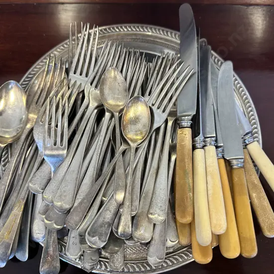 Selection Of Silverware Items Including Bone Handled Knives, Cutlery & Round Serving Tray Etc
