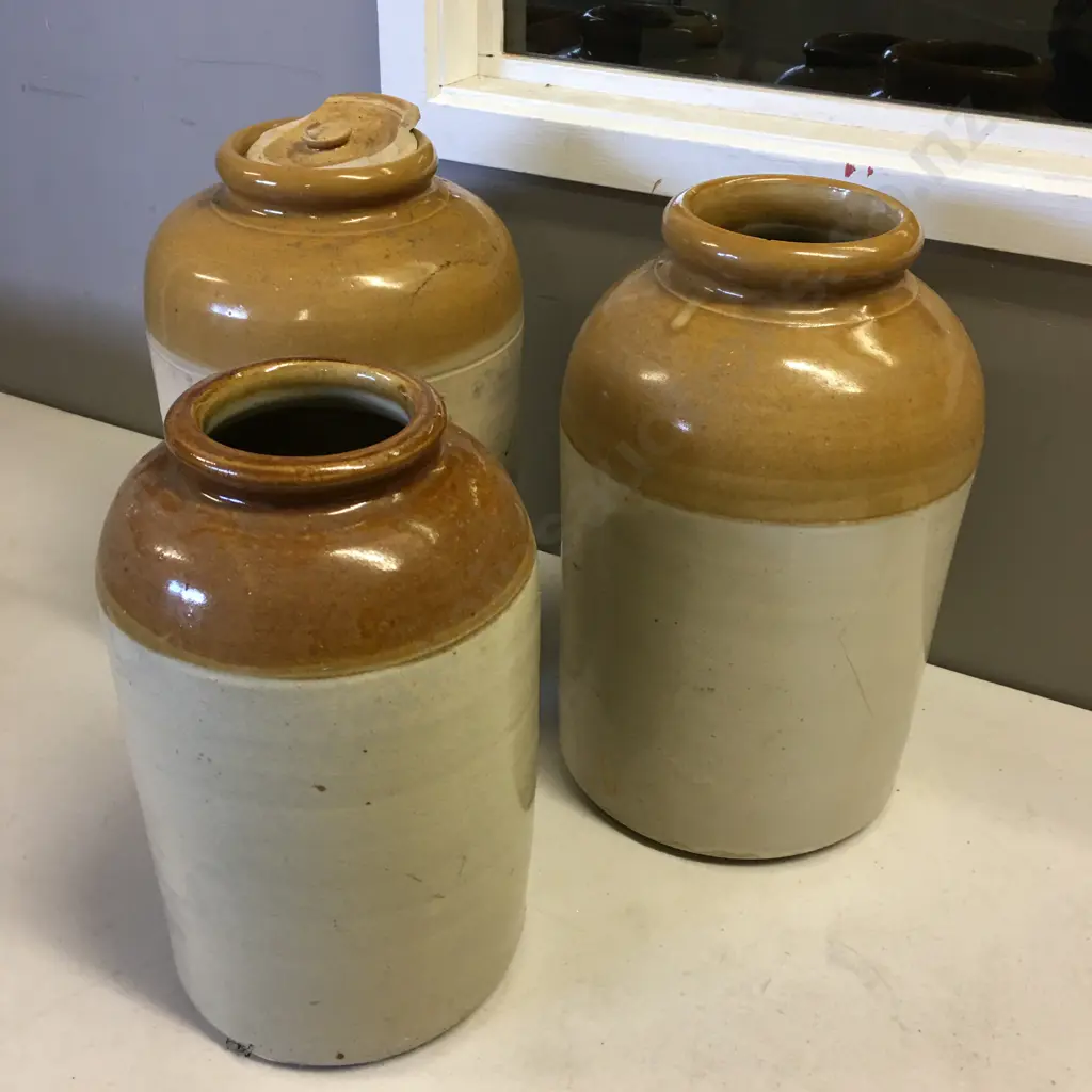 Three Vintage Stone Ware Crocks H29 To 33cm Image 1++