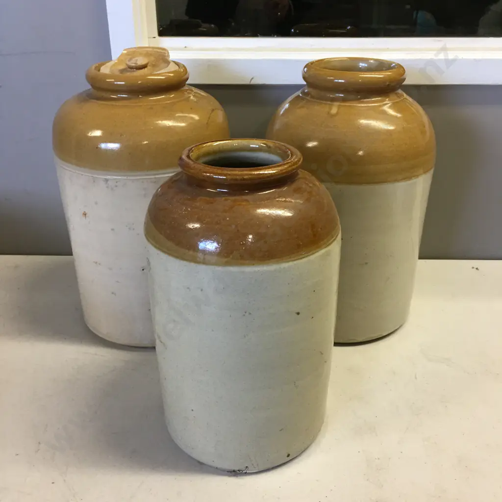 Three Vintage Stone Ware Crocks H29 To 33cm Image 1++