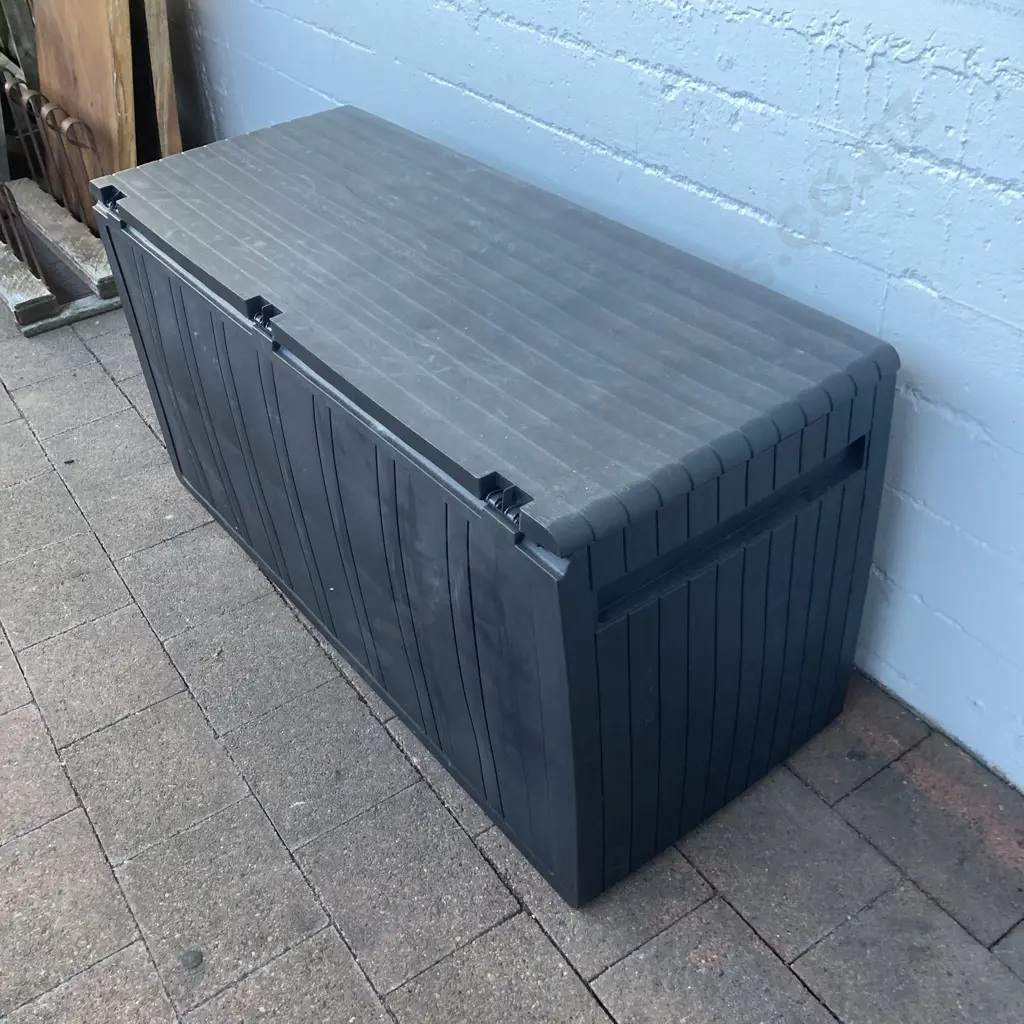 Plastic Patio Storage Box With Hinged Lid. H57 W115 D45cm Image 1++