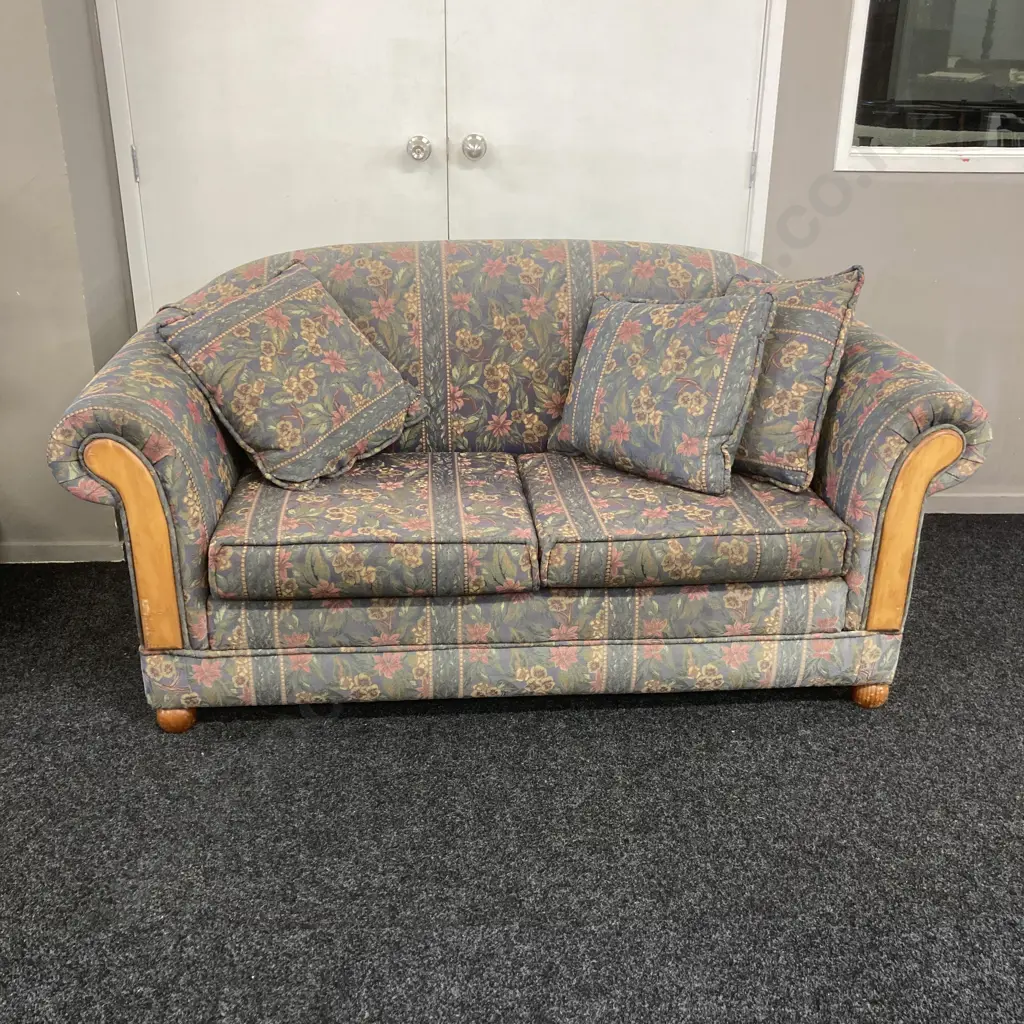 Floral Fabric Rolled Arm Couch With Bun Feet & Wood Panelling Image 1++