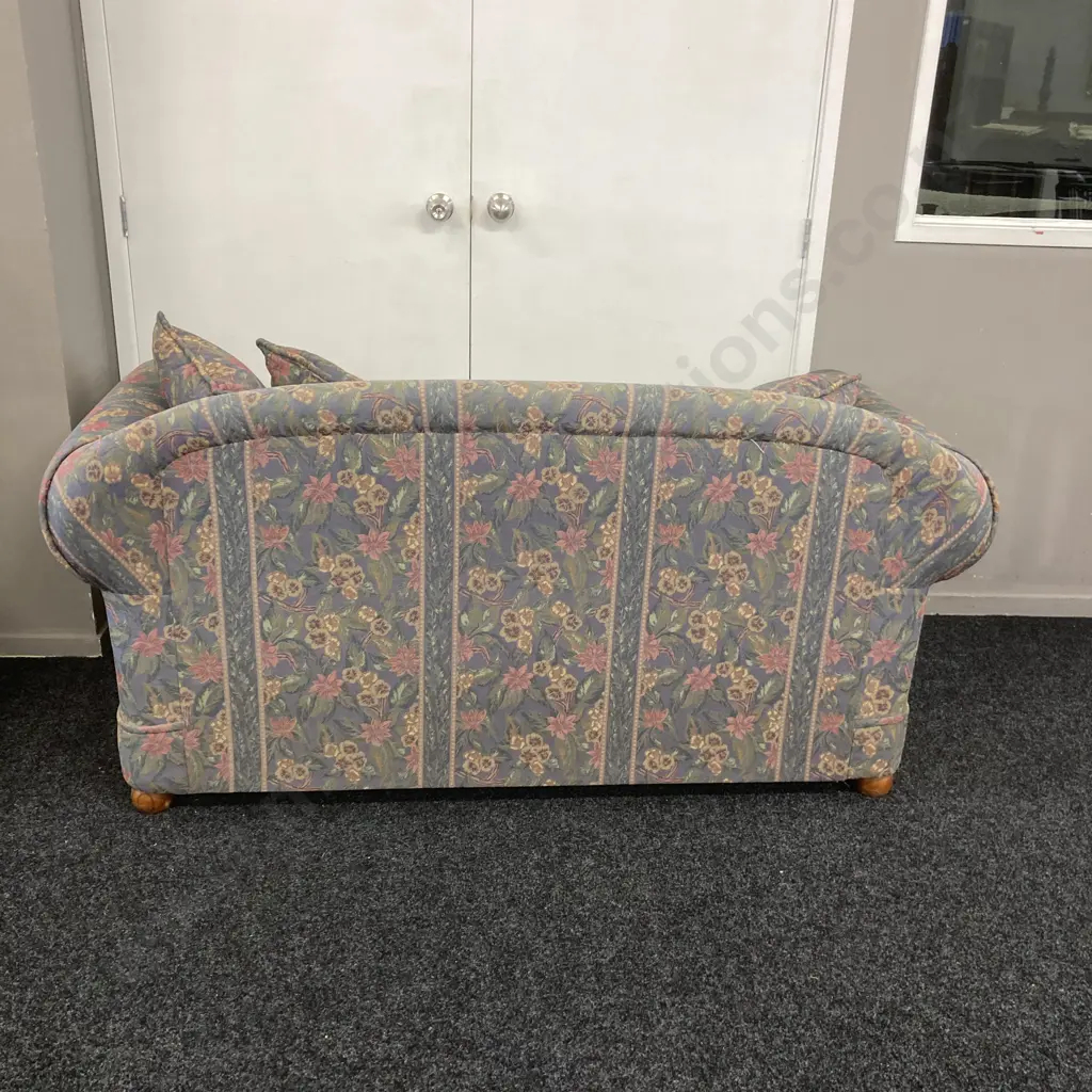 Floral Fabric Rolled Arm Couch With Bun Feet & Wood Panelling Image 1++