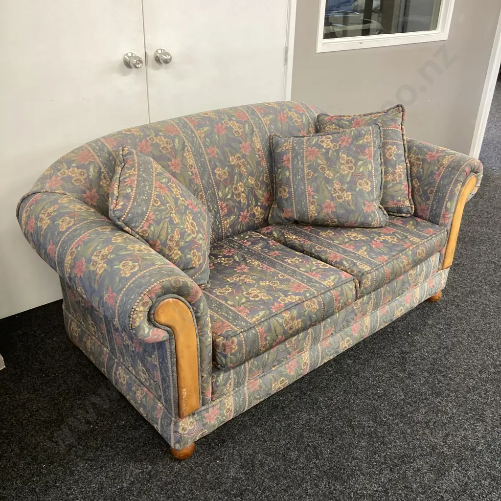Floral Fabric Rolled Arm Couch With Bun Feet & Wood Panelling Image 1++