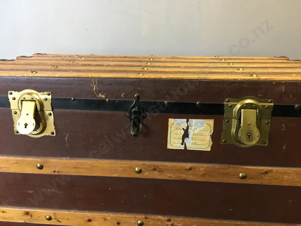 Antique 1900s Steamer Trunk With Original Castors. Storage Tray, Brass With Metal Detail With Wood Trim. H50,W100cm. Image 1++