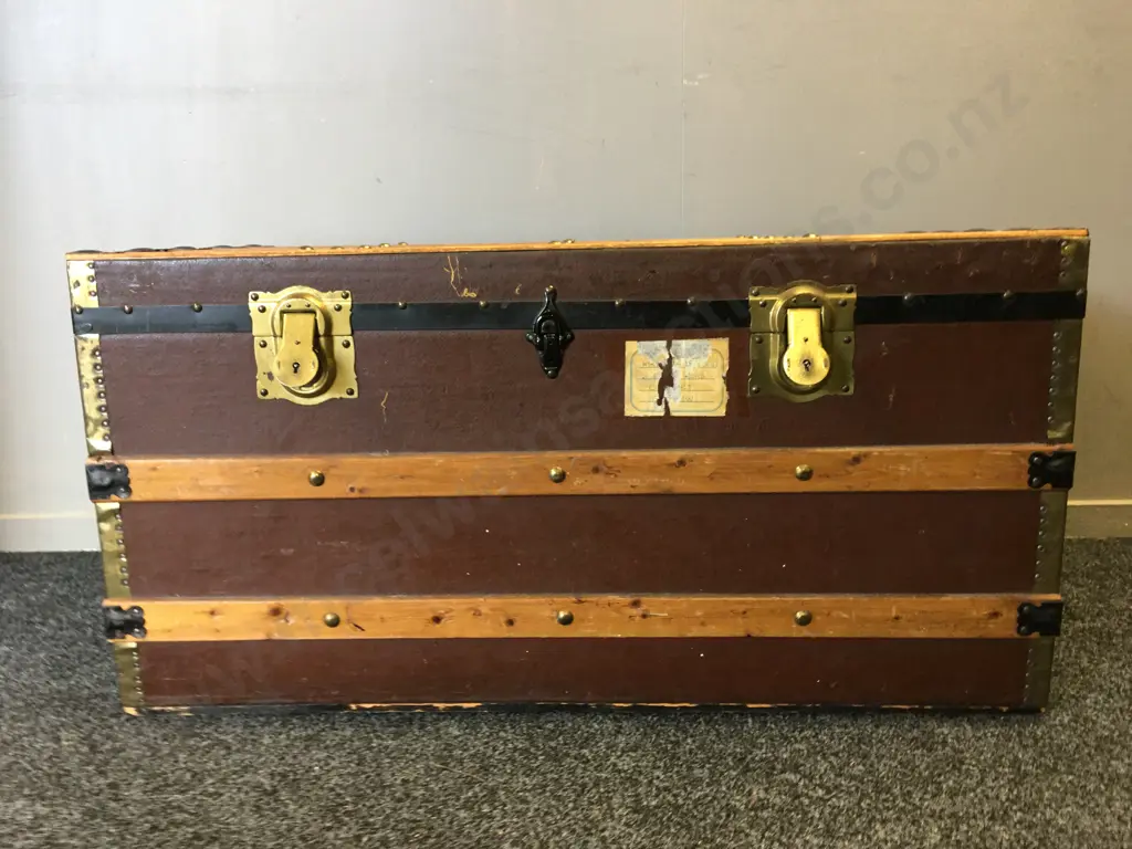 Antique 1900s Steamer Trunk With Original Castors. Storage Tray, Brass With Metal Detail With Wood Trim. H50,W100cm. Image 1++