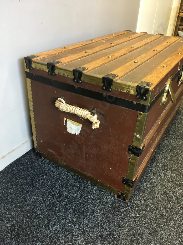Antique 1900s Steamer Trunk With Original Castors. Storage Tray, Brass With Metal Detail With Wood Trim. H50,W100cm. Image 1++