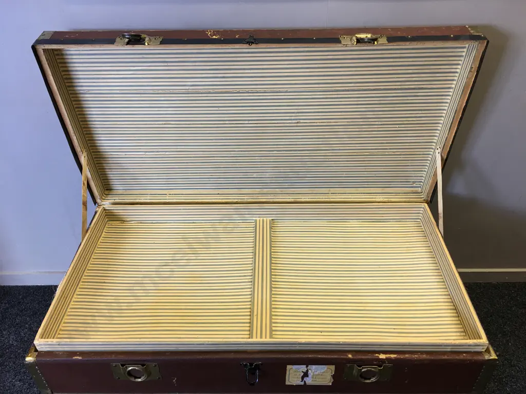 Antique 1900s Steamer Trunk With Original Castors. Storage Tray, Brass With Metal Detail With Wood Trim. H50,W100cm. Image 1++