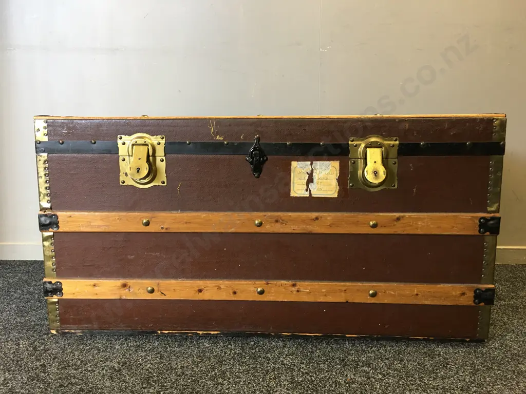 Antique 1900s Steamer Trunk With Original Castors. Storage Tray, Brass With Metal Detail With Wood Trim. H50,W100cm. Image 1++
