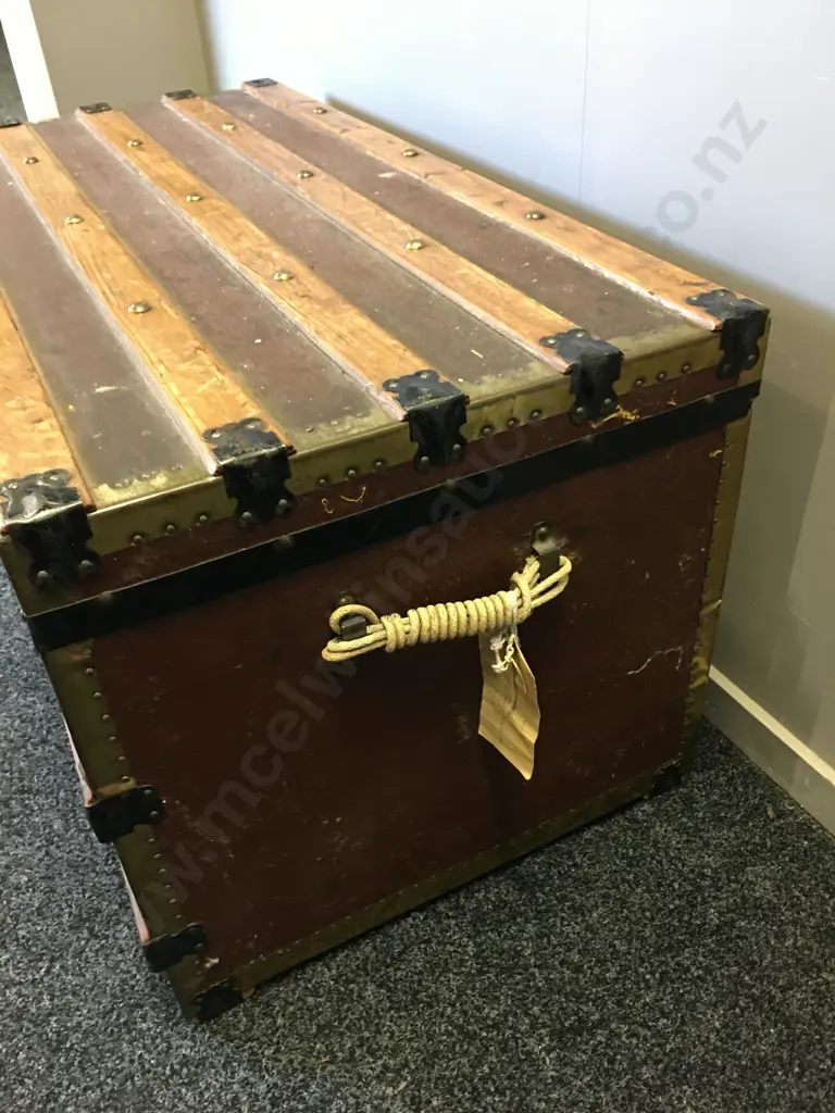 Antique 1900s Steamer Trunk With Original Castors. Storage Tray, Brass With Metal Detail With Wood Trim. H50,W100cm. Image 1++