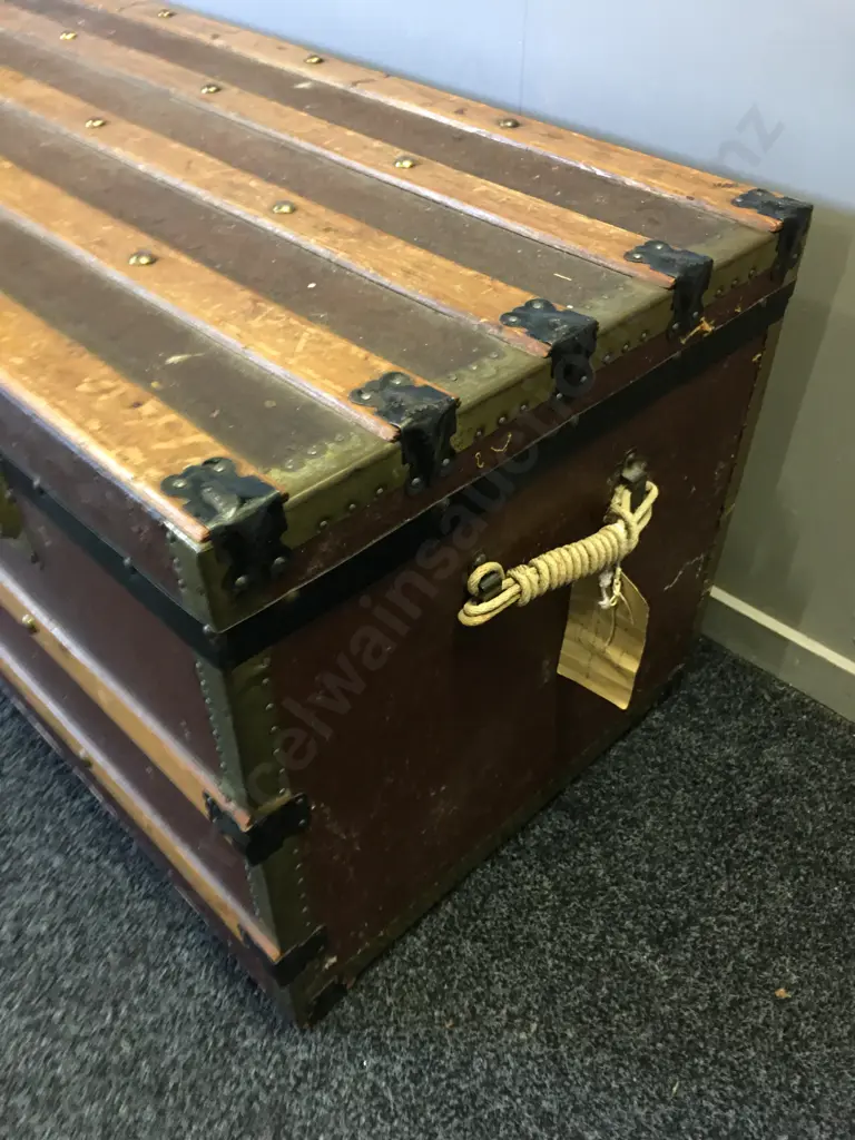 Antique 1900s Steamer Trunk With Original Castors. Storage Tray, Brass With Metal Detail With Wood Trim. H50,W100cm. Image 1++