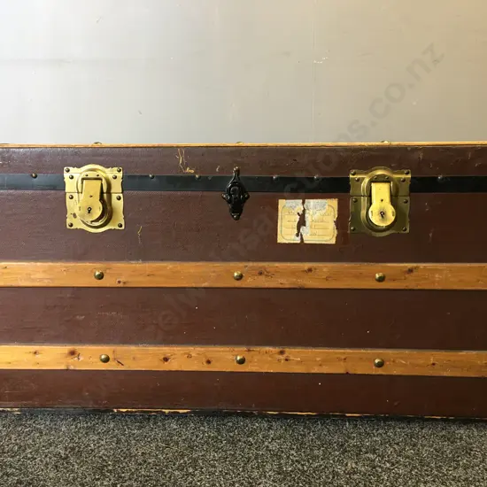 Antique 1900s Steamer Trunk With Original Castors. Storage Tray, Brass With Metal Detail With Wood Trim. H50,W100cm.