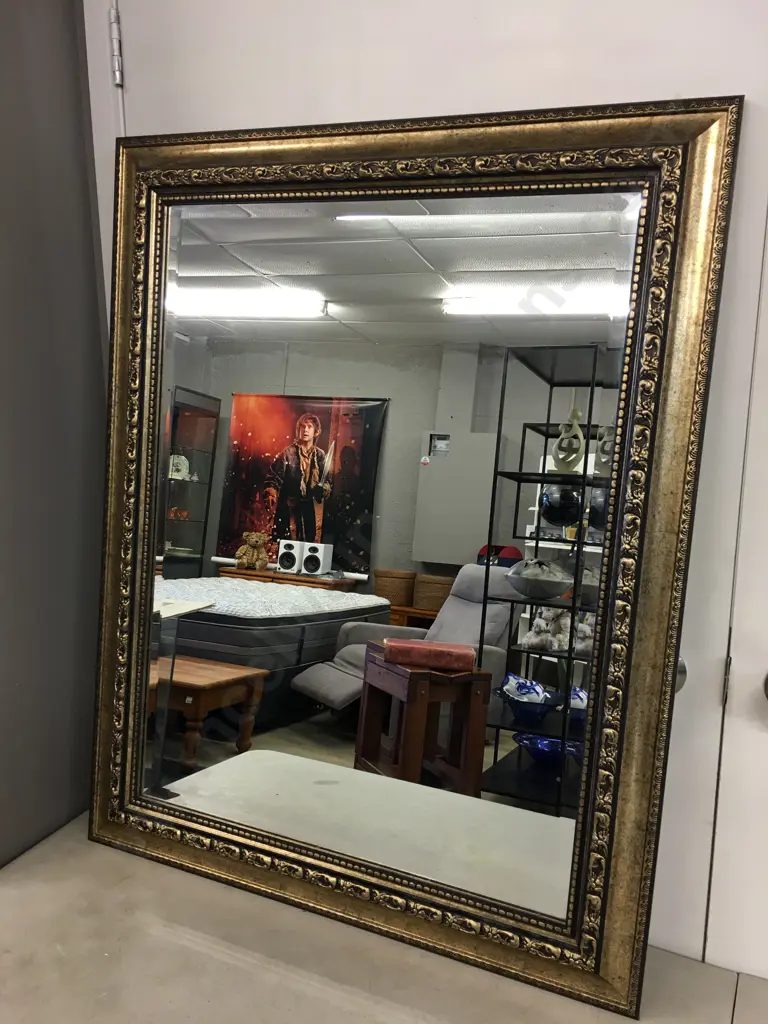 Gilt Ornate Rectangular Bevelled Edge Mirror H92,W76cm. Image 1++