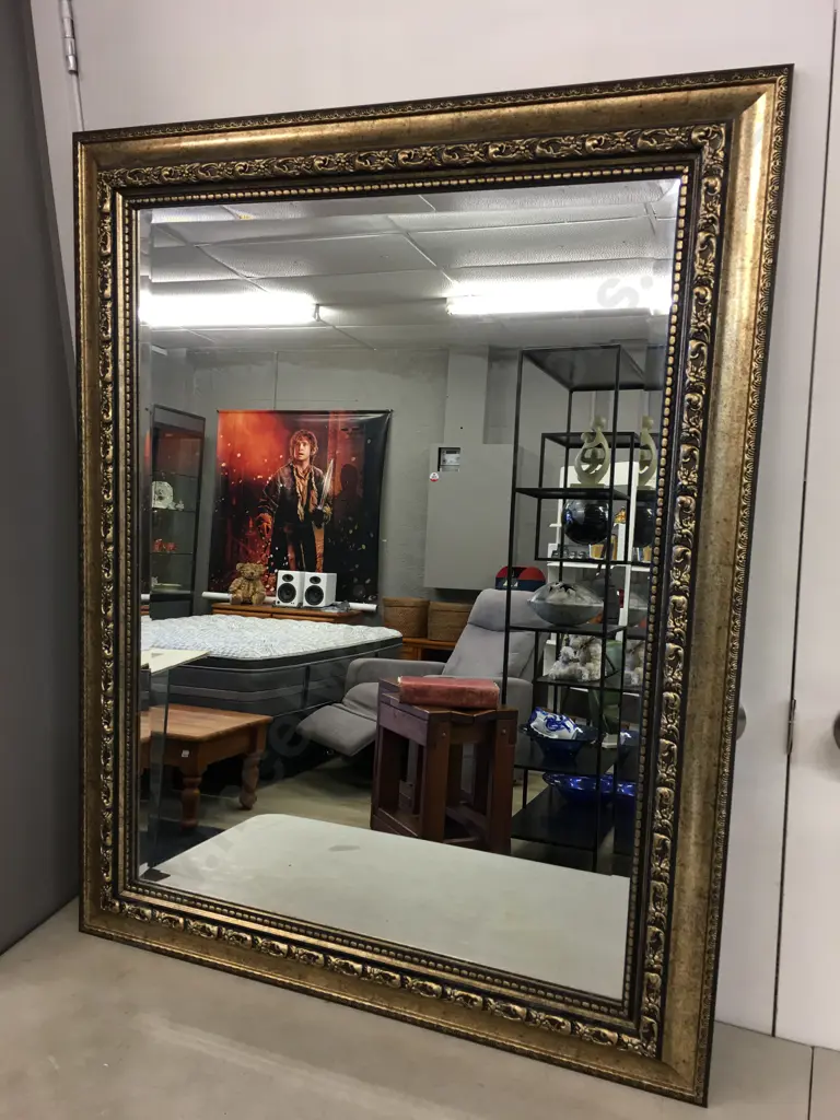 Gilt Ornate Rectangular Bevelled Edge Mirror H92,W76cm. Image 1++