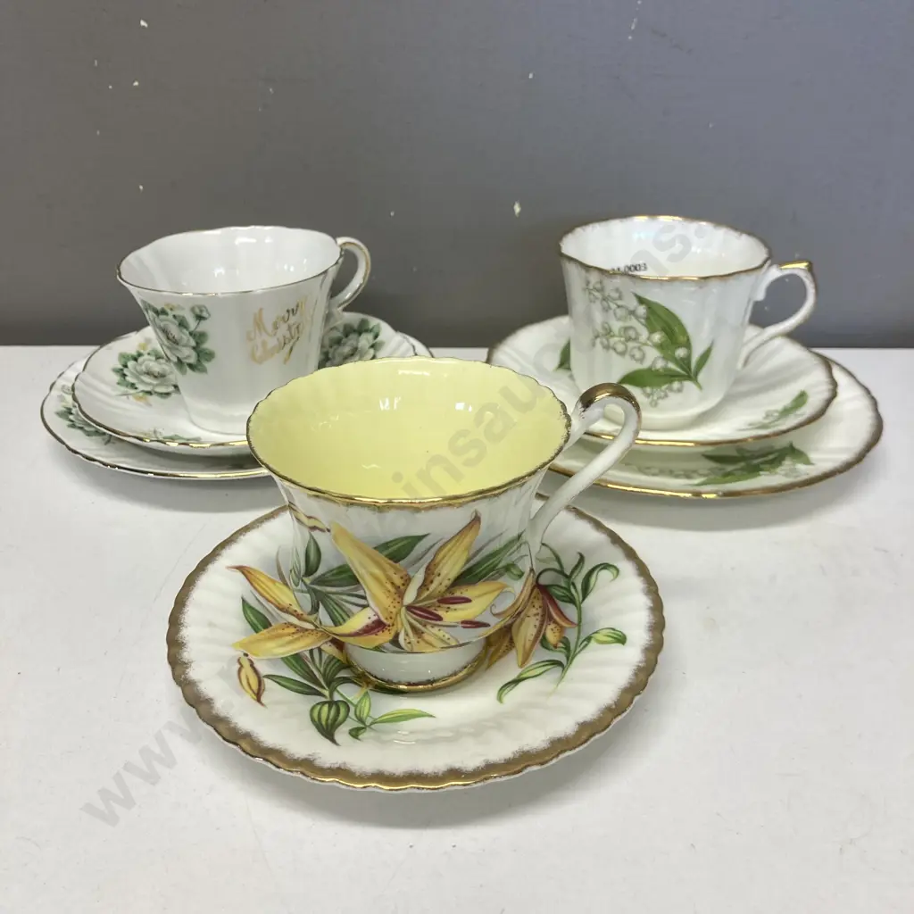 Old Royal Bone China Lily Of The Valley Pattern Trio, Paragon Tiger Lily Duo, Royal Standard Merry Christmas Trio Image 1++