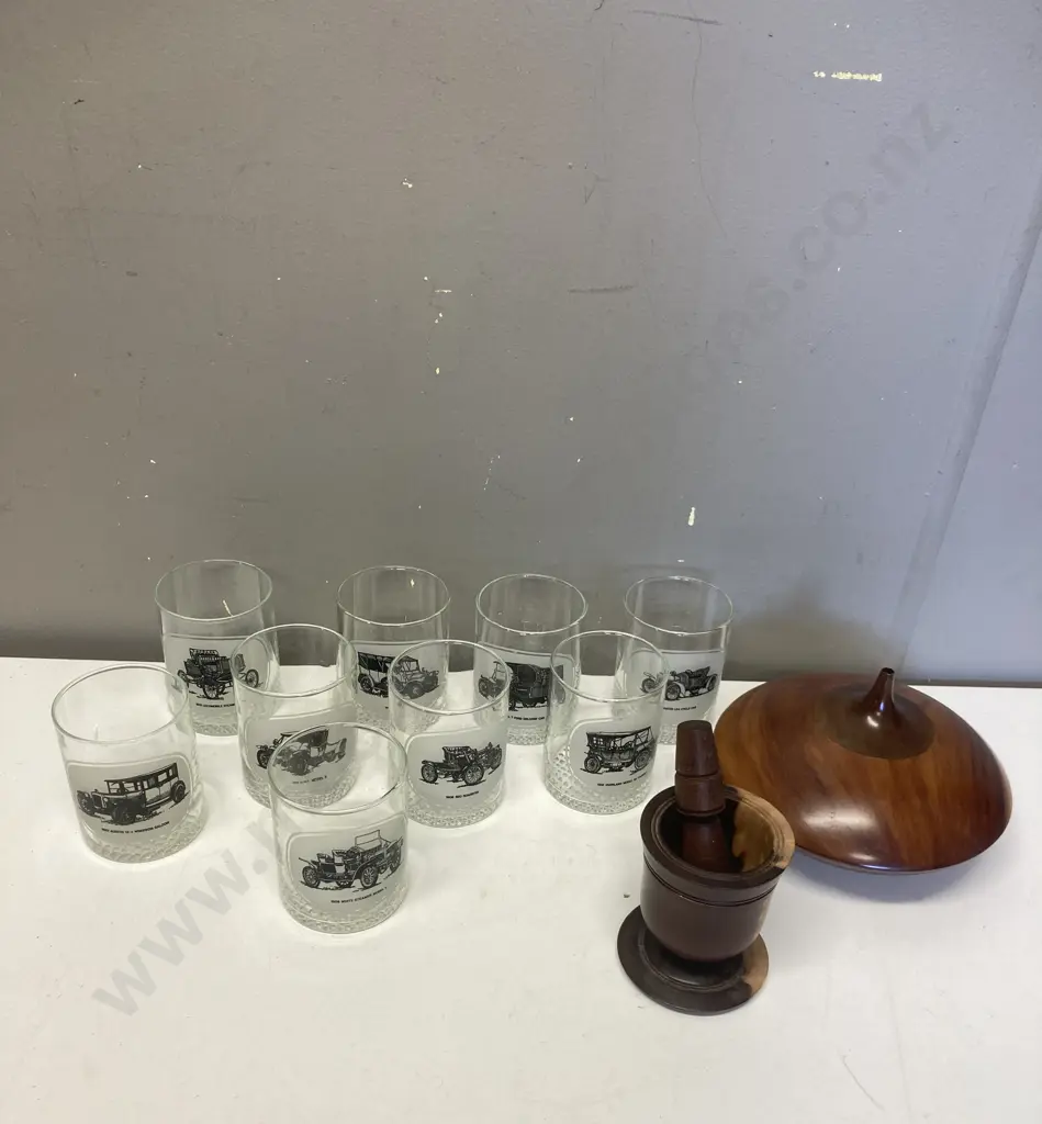 Vintage Glasses With Vintage Car Decals & Wooden Ware Image 1++
