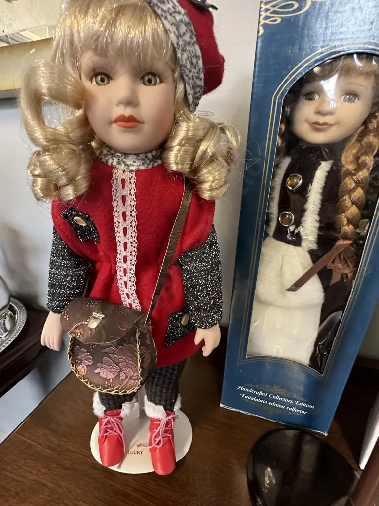 Porcelain Doll With Stand & Two Boxed Porcelain Dolls With a Stand Image 1++