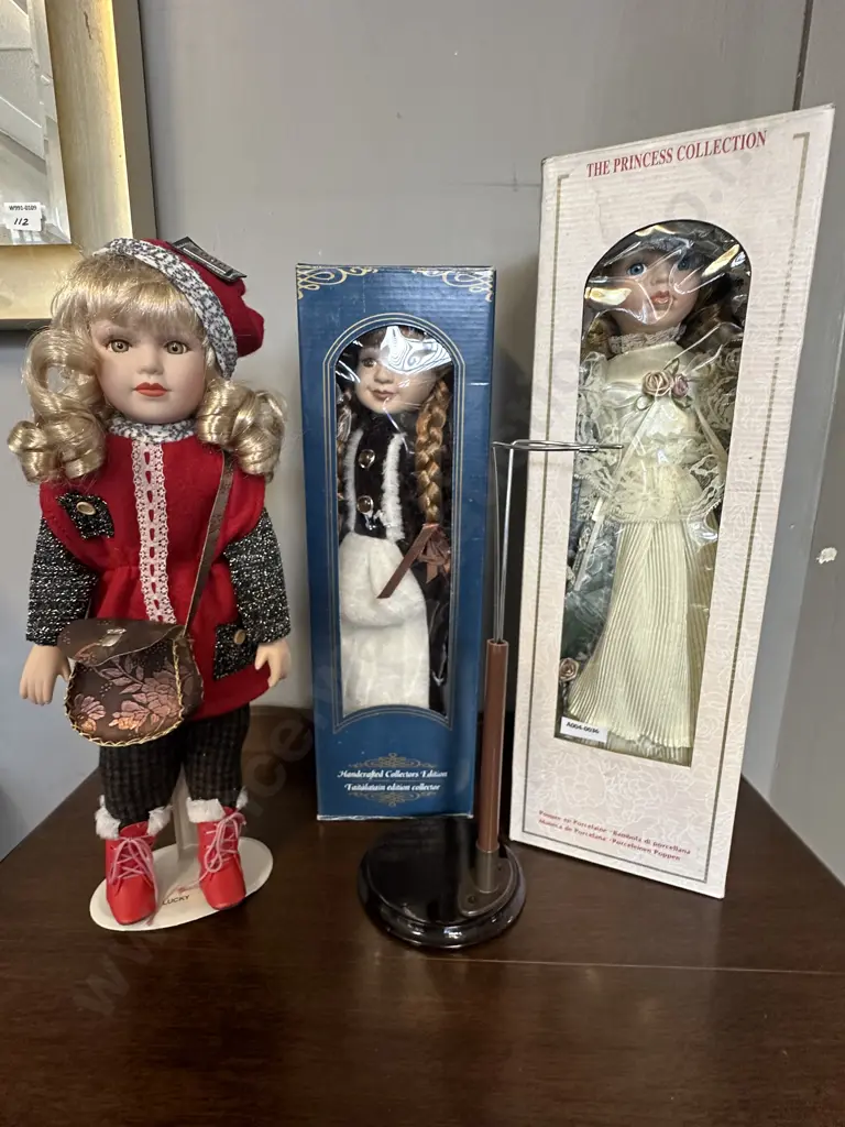 Porcelain Doll With Stand & Two Boxed Porcelain Dolls With a Stand Image 1++