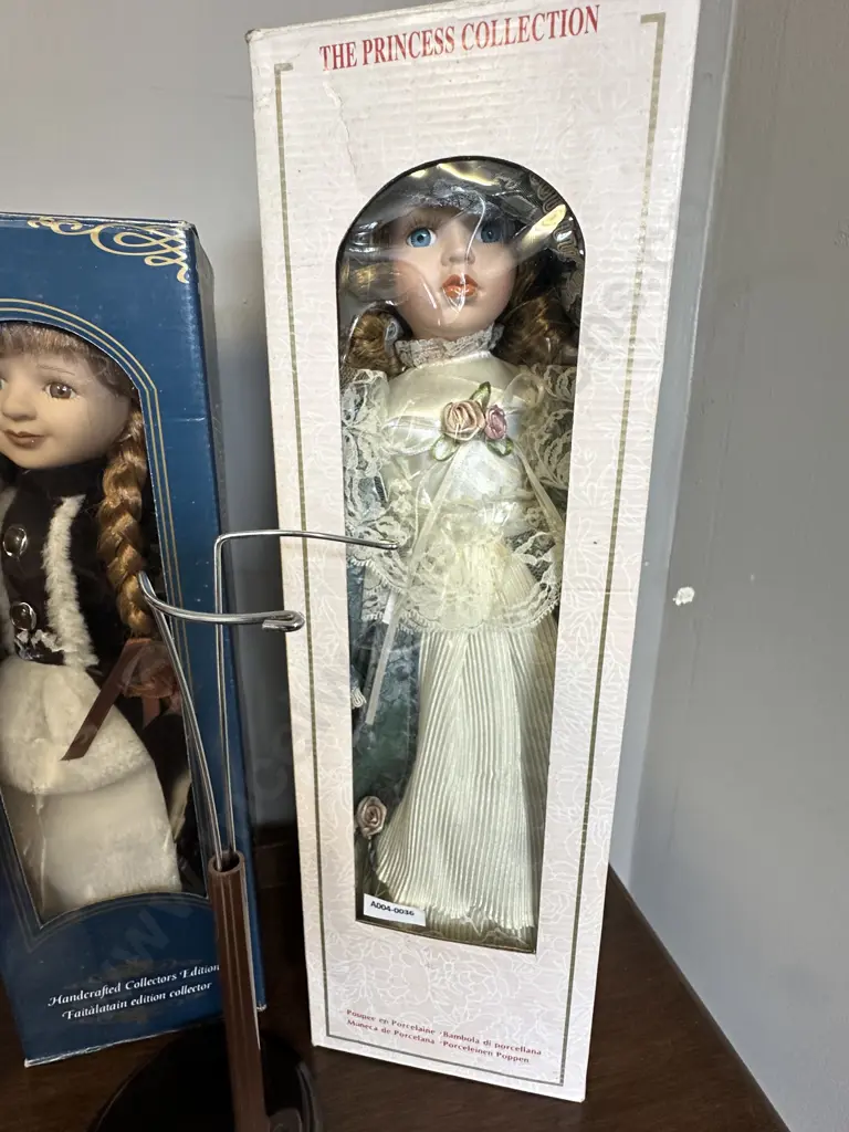 Porcelain Doll With Stand & Two Boxed Porcelain Dolls With a Stand Image 1++