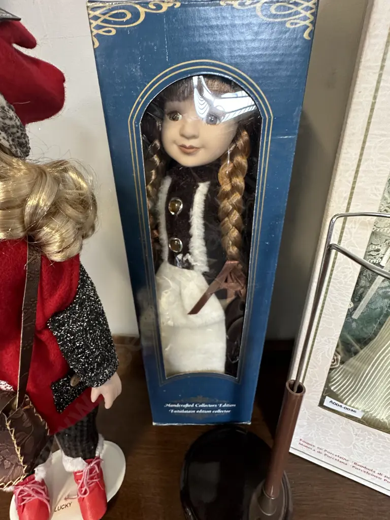 Porcelain Doll With Stand & Two Boxed Porcelain Dolls With a Stand Image 1++