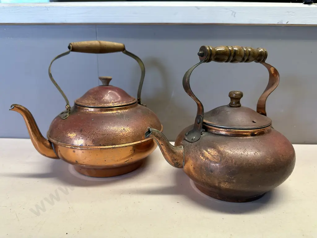 Pair Of Vintage Copper Teapots With Wooden Handles Image 1++