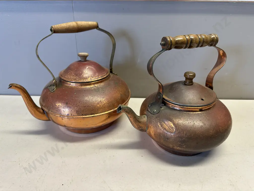 Pair Of Vintage Copper Teapots With Wooden Handles Image 1++