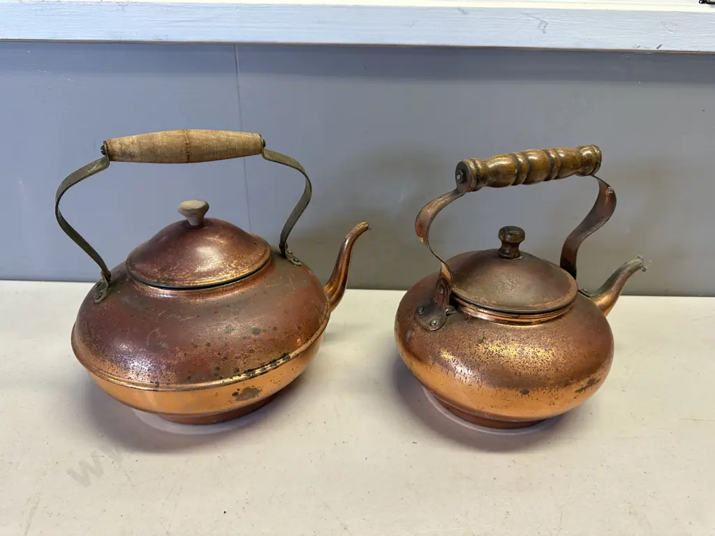 Pair Of Vintage Copper Teapots With Wooden Handles Image 1++