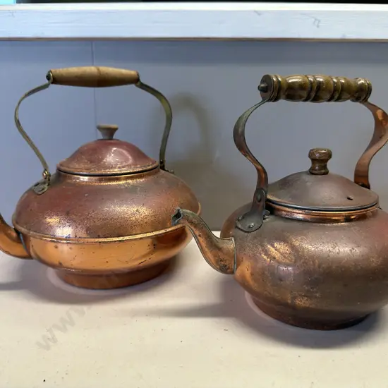 Pair Of Vintage Copper Teapots With Wooden Handles