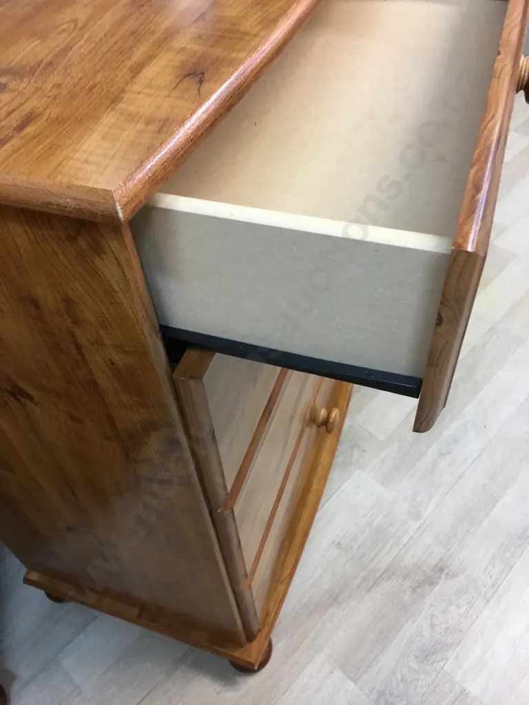 Rimu Effect Lowboy Four Drawer, Knob Handles & Curved Front H83,W70,D40cm Image 1++