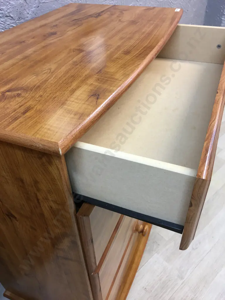 Rimu Effect Lowboy Four Drawer, Knob Handles & Curved Front H83,W70,D40cm Image 1++