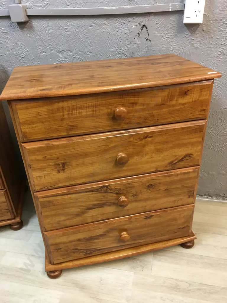 Rimu Effect Lowboy Four Drawer, Knob Handles & Curved Front H83,W70,D40cm Image 1++