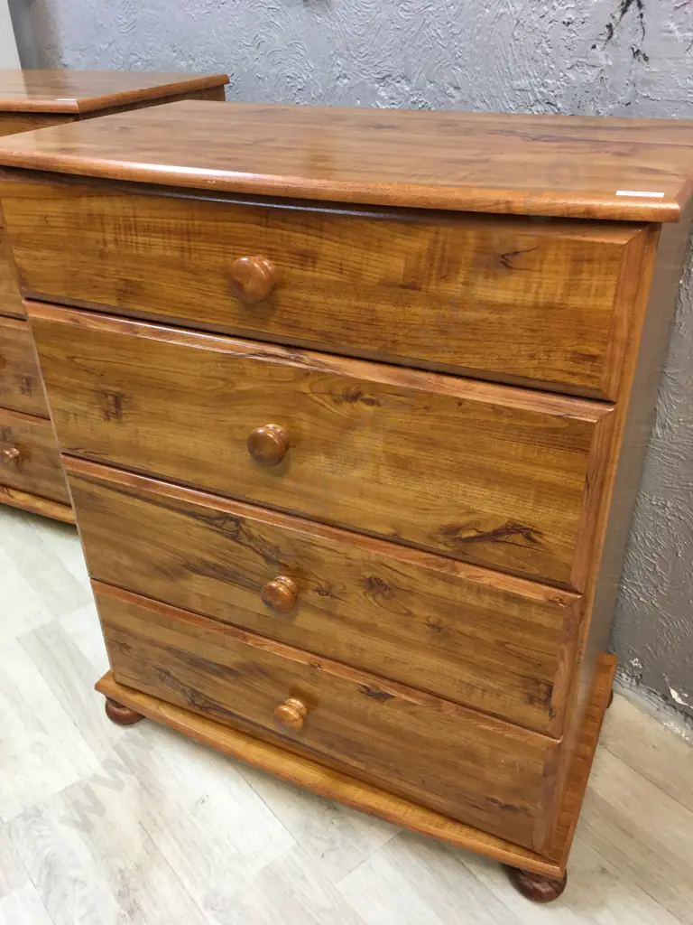 Rimu Effect Lowboy Four Drawer, Knob Handles & Curved Front H83,W70,D40cm Image 1++