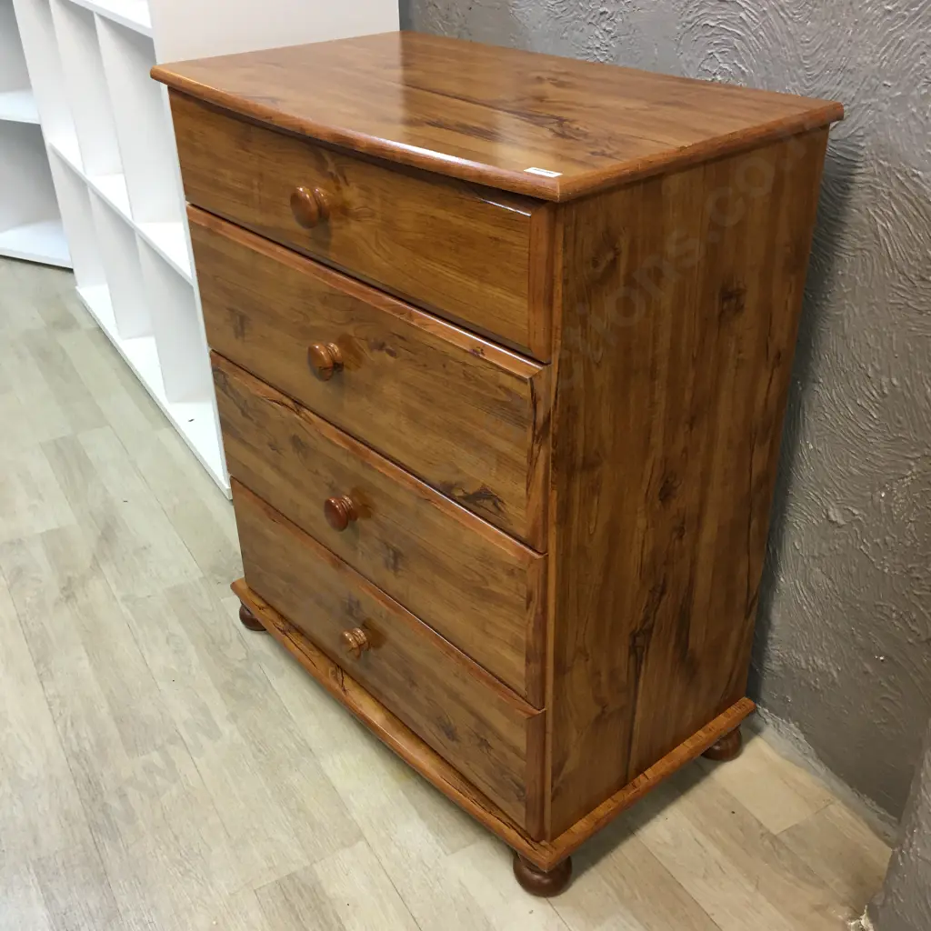 Rimu Effect Lowboy Four Drawer, Knob Handles & Curved Front H83,W70,D40cm Image 1++