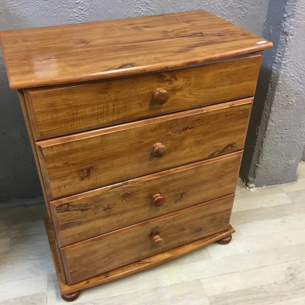 Rimu Effect Lowboy Four Drawer, Knob Handles & Curved Front H83,W70,D40cm Image 1++