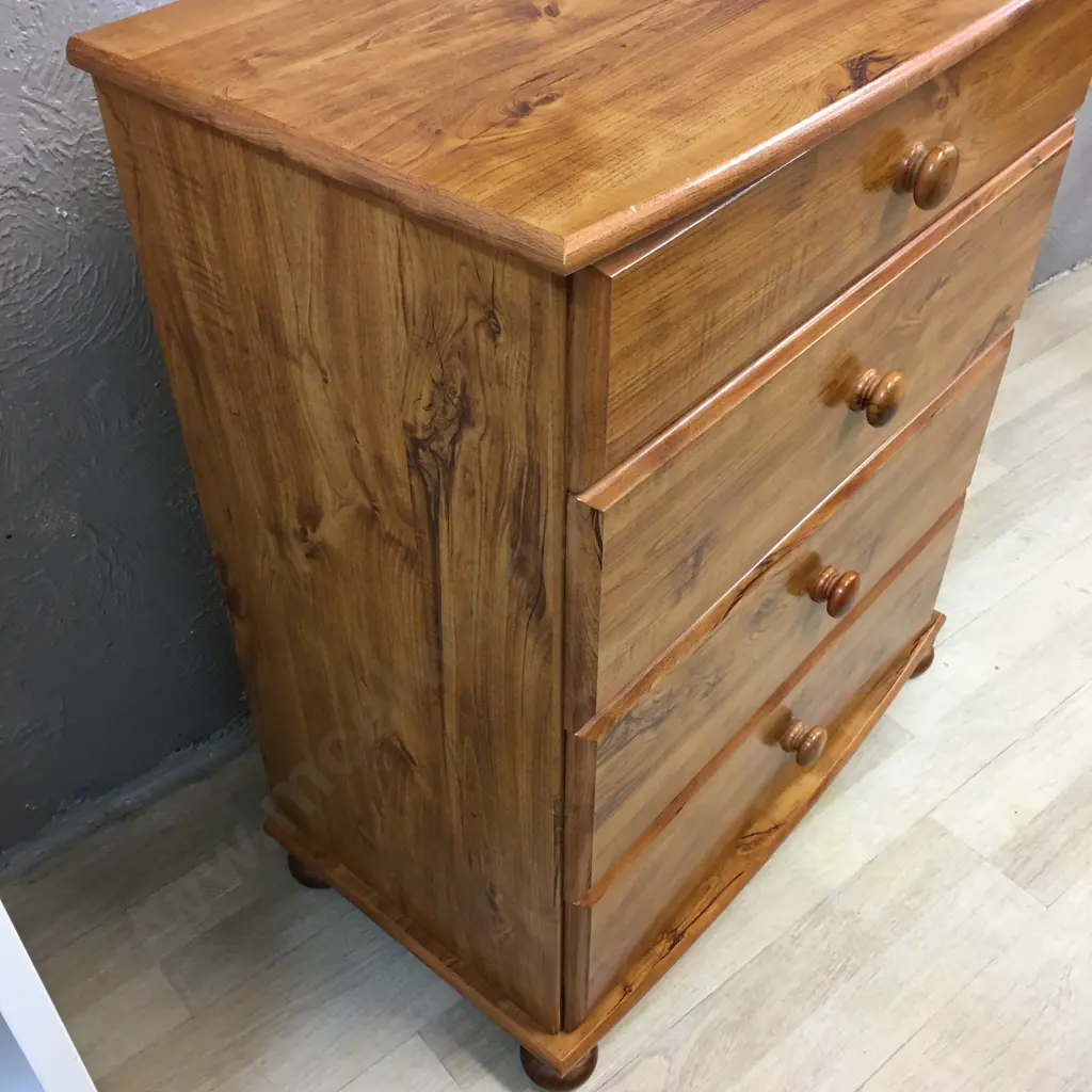 Rimu Effect Lowboy Four Drawer, Knob Handles & Curved Front H83,W70,D40cm Image 1++