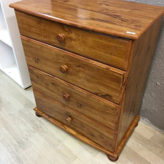 Rimu Effect Lowboy Four Drawer, Knob Handles & Curved Front H83,W70,D40cm