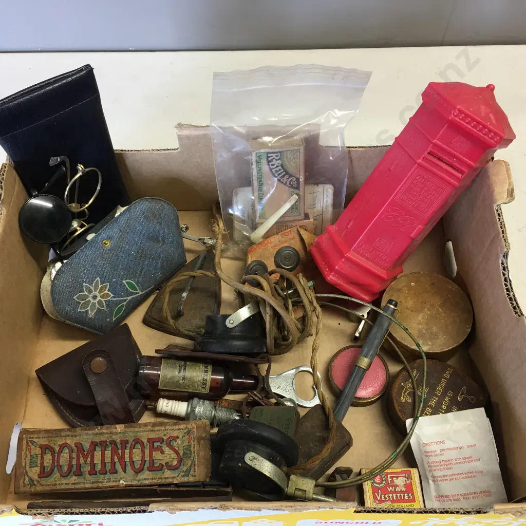 Box Of Vintage Items Including Dominoes, Post Office Savings Bank Money Box,  Bottle Openers Etc Image 1++
