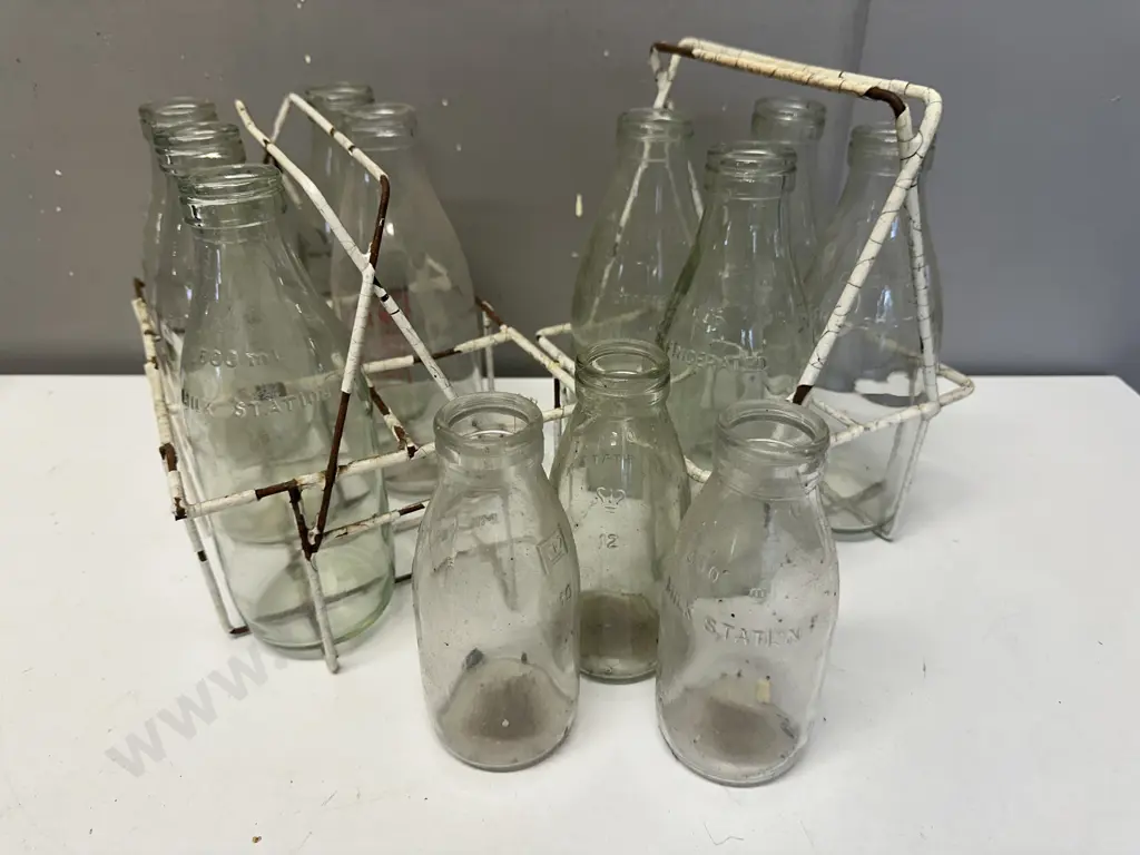 Vintage Milk & Cream Bottles in Wire Carry Crates Image 1++