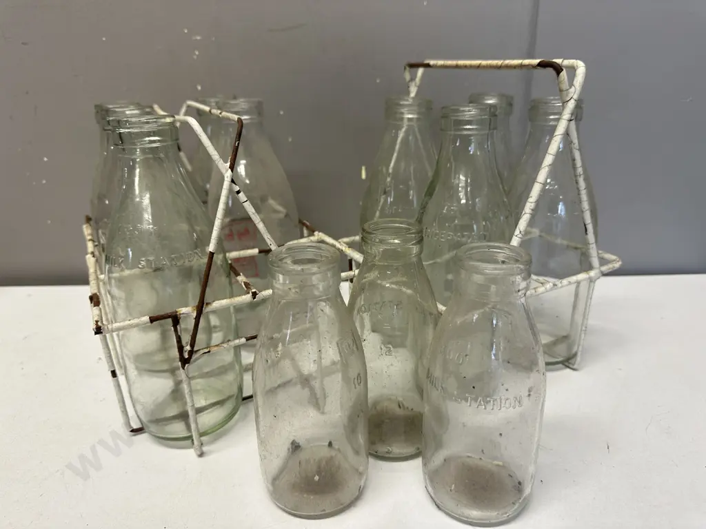 Vintage Milk & Cream Bottles in Wire Carry Crates Image 1++