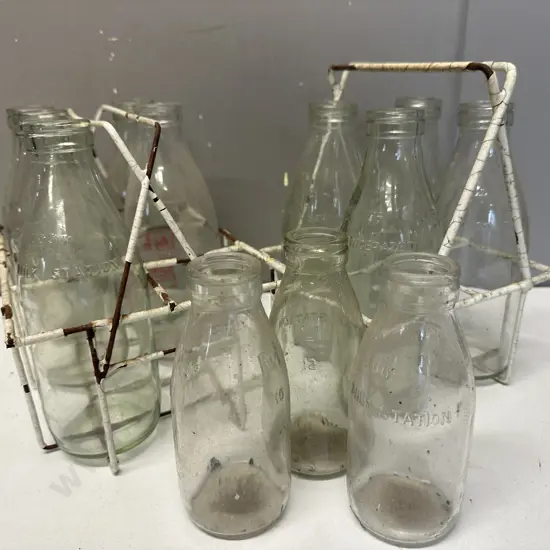 Vintage Milk & Cream Bottles in Wire Carry Crates