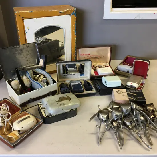 Vintage Shaving Sundries, Cabinet, Electric Shavers Etc