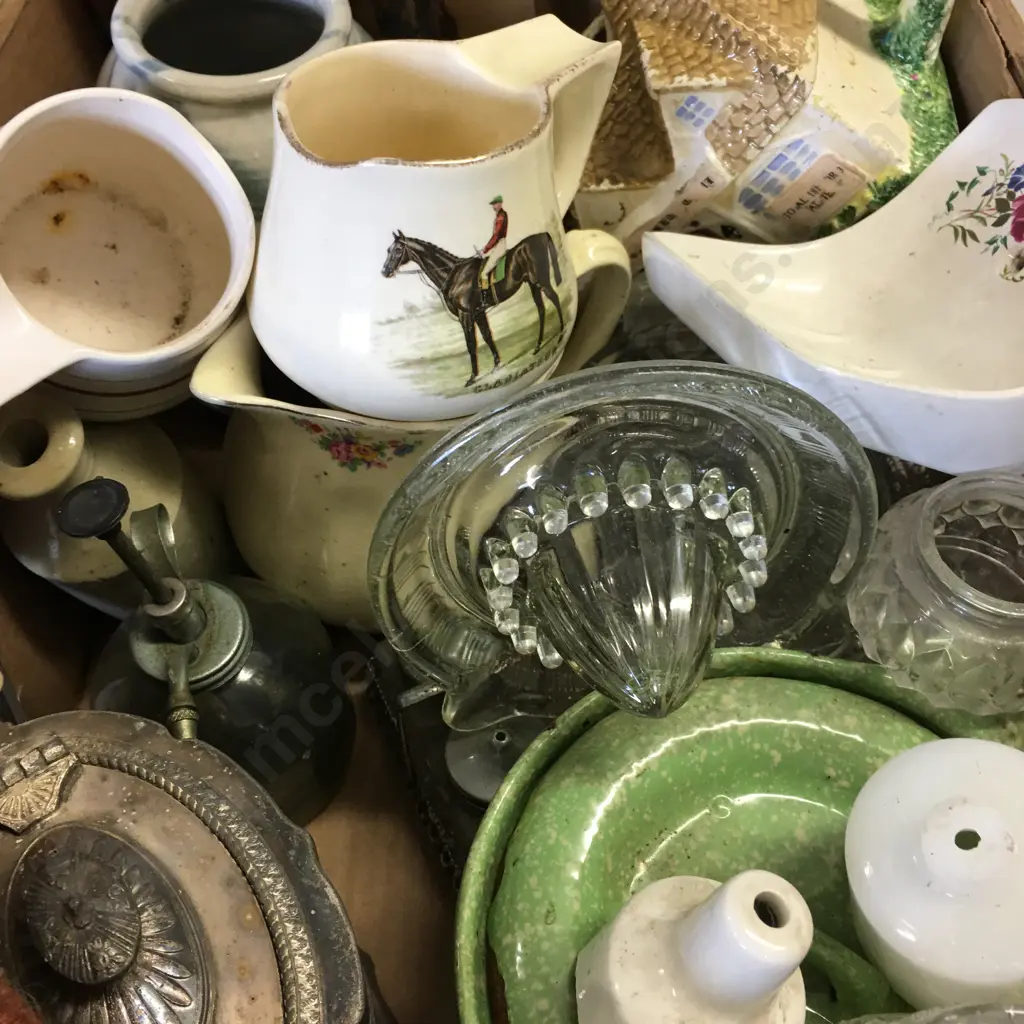 Box Of Assorted Vintage China & Glass Items Including Glass Lemon Juicers, Artwork Etc Image 1++