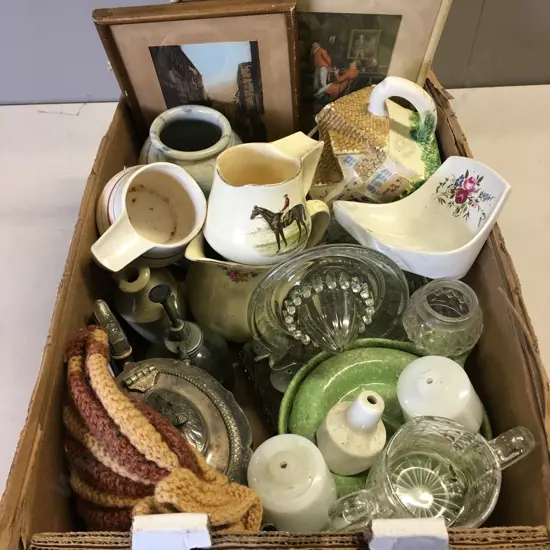 Box Of Assorted Vintage China & Glass Items Including Glass Lemon Juicers, Artwork Etc