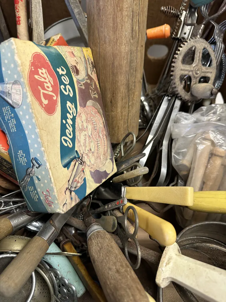Selection Of Vintage Kitchen Items Including Rolling Pin, Hand Beaters, Wooden Pegs Etc Image 1++