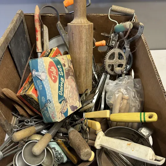 Selection Of Vintage Kitchen Items Including Rolling Pin, Hand Beaters, Wooden Pegs Etc