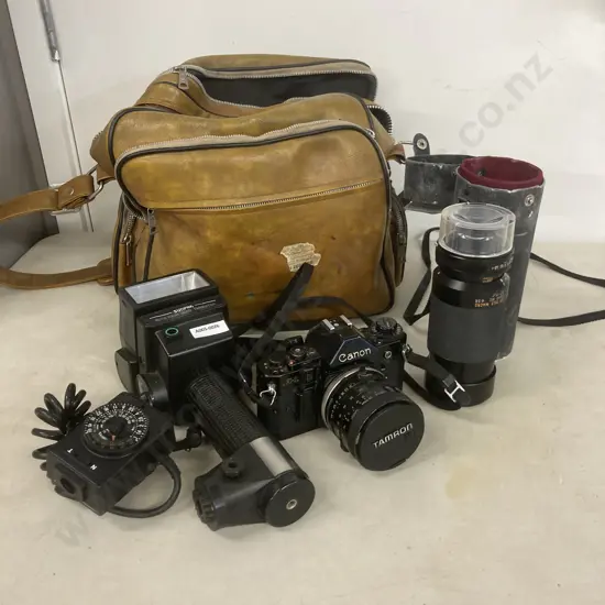 Canon A-1 35mm Film Camera, Tamron 28-50mm & 80-210mm Lenses, Sunpak Auto Zoom 3600 Thyristor Flash Etc