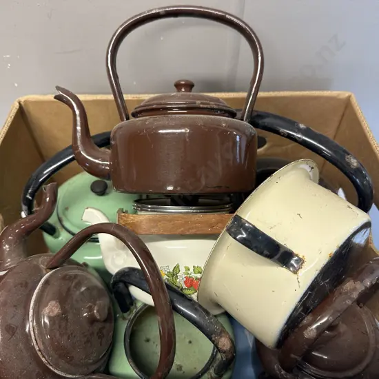 Box Of Assorted Vintage Enamel Ware Teapots Etc