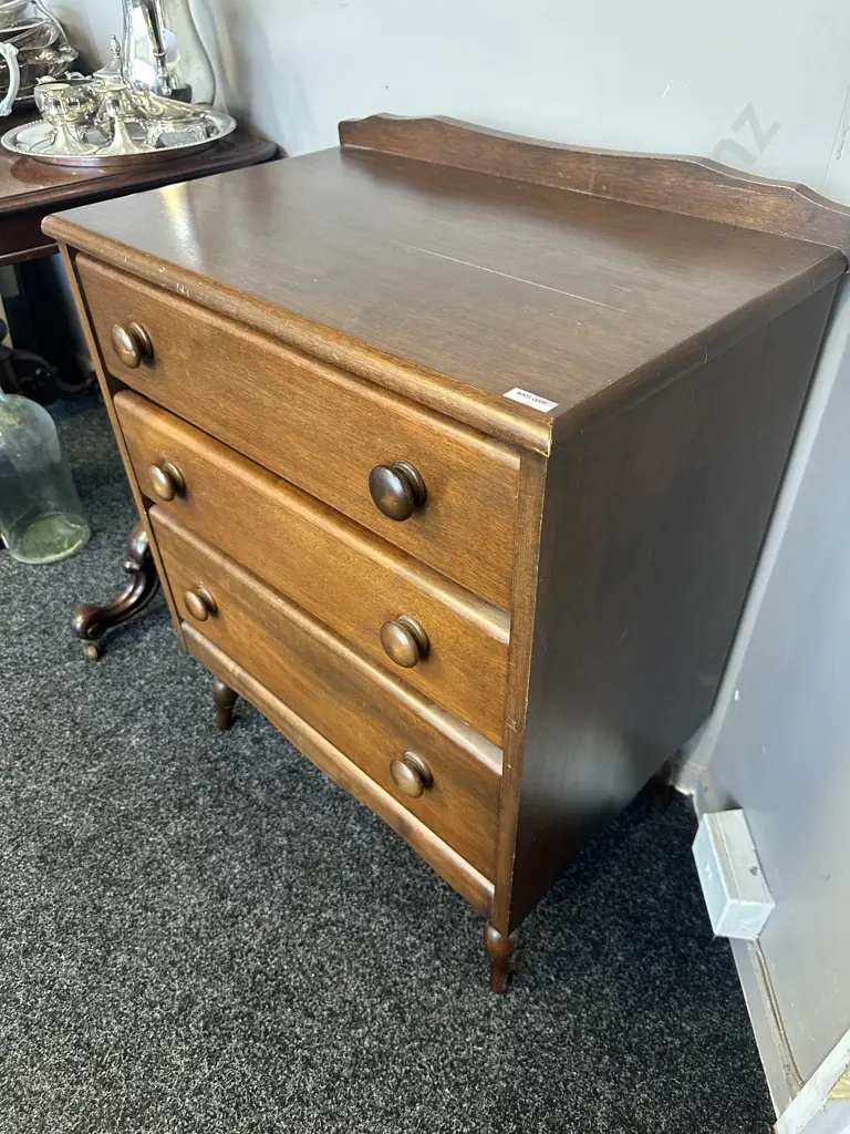 Mahogany 3 Drawer Tallboy With Spindle Legs. H81 W62 D40cm Image 1++