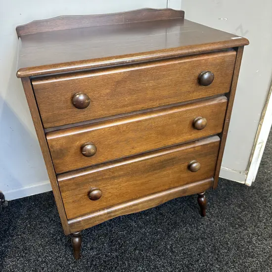 Mahogany 3 Drawer Tallboy With Spindle Legs. H81 W62 D40cm