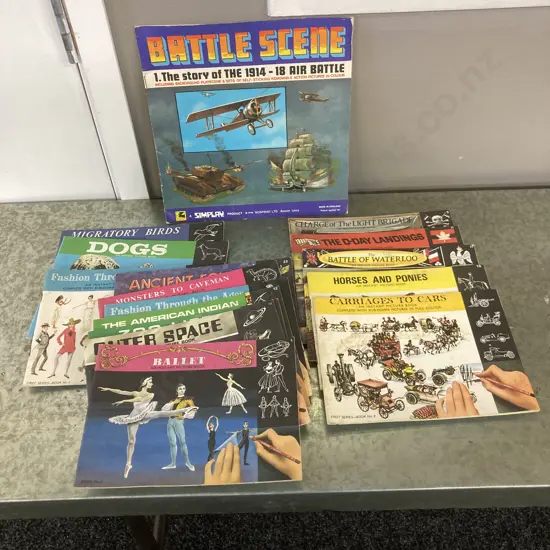 Vintage 1960s / 70s Simplay Stick'N'Lift Battle Scene 19-14-18 Air Battle & 15 Instant Picture Books
