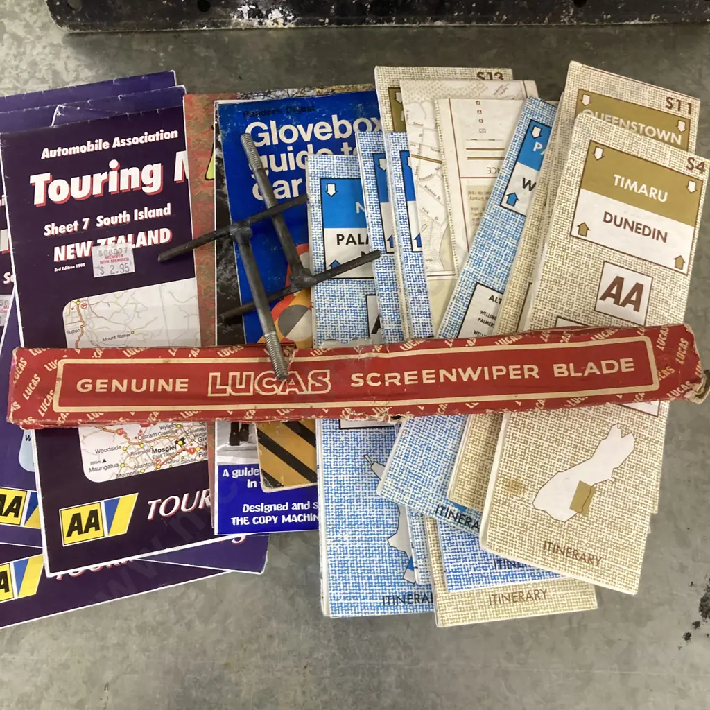 Vintage Items - LUCAS B1841 Screenwiper Blade, AA New Zealand Maps, Number Plate, Glovebox Guide To Car Troubles Etc Image 1++